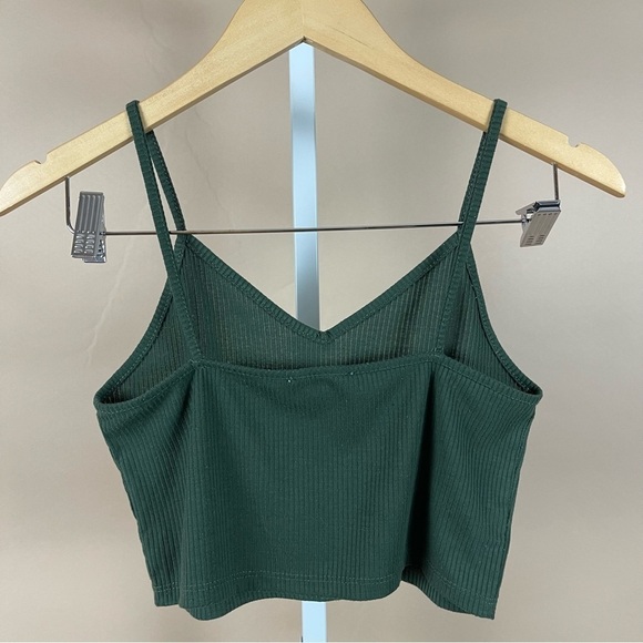 Capella Medium Ribbed Forest Green Boho Hippie Crop Tank Top V Neck Earth Tone - Picture 2 of 5
